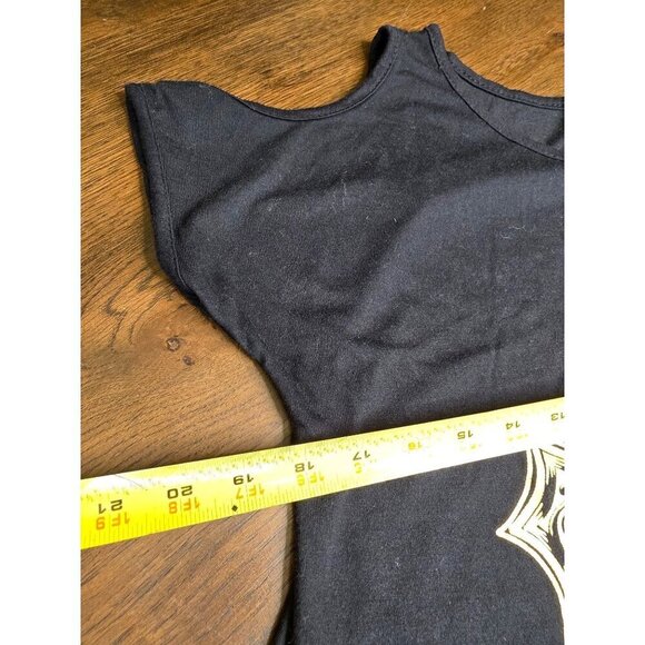 Womens Black Cold Shoulder Tunic Top With Yellow Cross Graphic Design - Picture 9 of 10